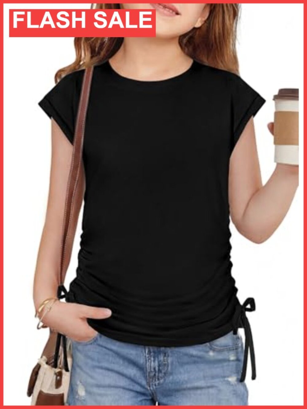 Girls Cap Sleeve Ruched Knot Side Summer Casual Top Tee